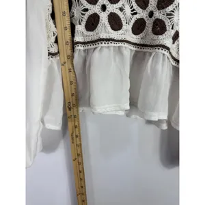 SHEIN Crochet Peasant Top Womens S Cream Brown Puff Sleeve Boho Cottagecore‎ thumbnail 5