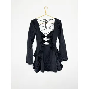 Oh Polly Adria Long Sleeve Bow Mini Dress Size 2 Black Satin Ruffle Lace Up Back thumbnail 13
