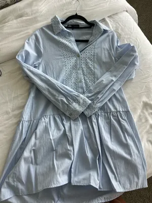 Zara Light Blue Eyelet-Trim Casual Shirt Dress thumbnail 2