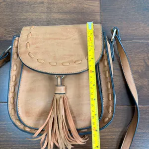 Mellow World Brown Vegan Leather Whipstitch Tassel Crossbody Saddle Bag thumbnail 6
