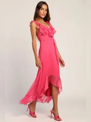 Lulus Enchanting Elegance Hot Pink Ruffled High-Low Maxi Dress Size Medium thumbnail 3