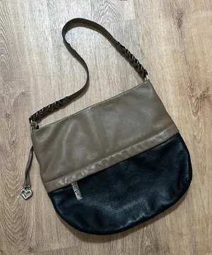 Brighton | Women's‎ Two Tone Taupe Black Hobo Heart Charm Leather Shoulder Bag thumbnail 1