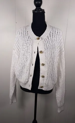 J Crew Sweater Womens XL White Cropped Cardigan Textured Pointelle‎ Coastal Chic thumbnail 1