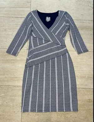Maeve Anthropologie Dark Blue & White Striped Faux Wrap Dress,‎ Size XS thumbnail 1