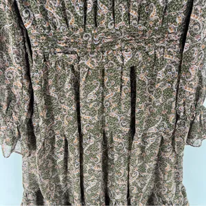 Love Riche Chiffon Olive Paisley Ruffle Long Sleeve Peasant Tiered Maxi‎ Dress M thumbnail 11