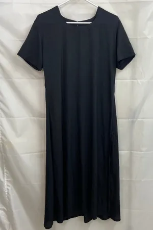 Vintage women's black scoop‎ neck short sleeve casual modest kurta slit dress L thumbnail 1