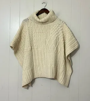 Blarney Woollen Mills 100% Merino Wool Aran Knit Poncho Cape Ivory One Size thumbnail 1