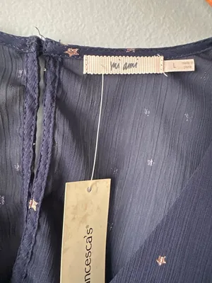 NWT Women’s L Francesca’s Miami Navy Blue Star Print Blouse Sheer Sleeve Top Y2K thumbnail 3
