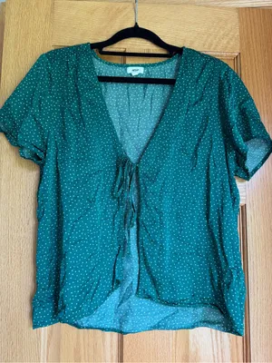 Aerie Emerald Green Polka Dot Satin Tie-Front Blouse Short Sleeve Medium thumbnail 3
