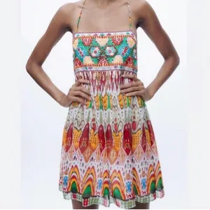 ZARA Geometric Print Straight Neck Strappy Embroidered Short Dress Size‎ Small thumbnail 7