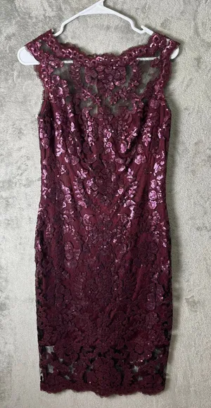 Tadashi Shoji Burgundy Sequin Lace Cocktail Dress‎ Elegant Formal Occasion Dress thumbnail 1