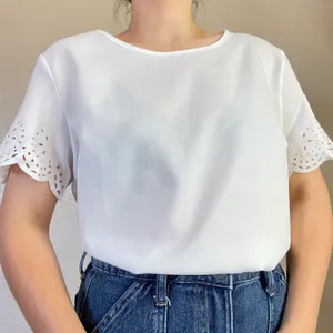 SHEIN Laser Cut Detailed Scalloped White Top, Large thumbnail 1
