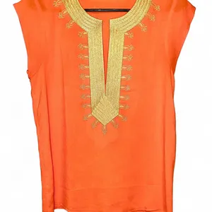 Boutique Bright orange & embroidered gold boho indie blouse thumbnail 1
