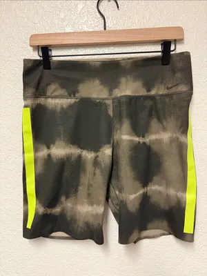 NIKE One Luxe 7” Olive Tie-Dye Bike Shorts Neon Yellow Side Stripes Size Large thumbnail 2