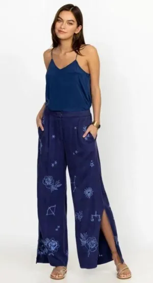 NWOT Johnny Was Wide Leg Embroidered Floral Pants Size L Blue Elastic waist thumbnail 1