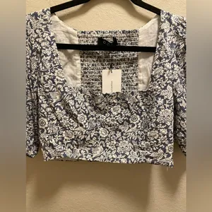 Anthropologie O.P.T Blue & White Floral Puff Sleeve Cropped Top Size Large NEW thumbnail 2