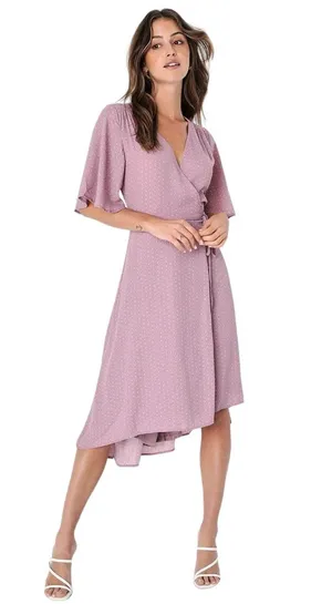 NEW Lulus Farah Pink Mauve V Neck Polka Dot Tie Flutter Sleeve Midi Wrap Dress M thumbnail 1