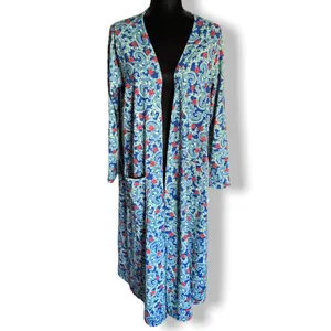 LuLaRoe Womens Duster Size Large Sarah Blue‎ Yellow Orange Paisley Knit Long NEW thumbnail 2