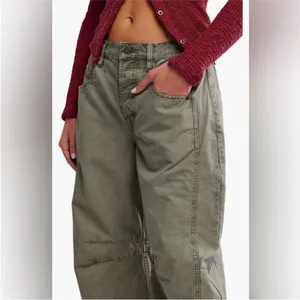 Free People Good Luck Barrel Leg Pants in Olive Green 24 thumbnail 3