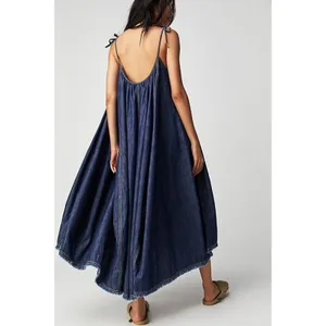 Free People Denim Dreams Midi Maxi Dress in 70s Blue Large Jean Jumper Retro thumbnail 6