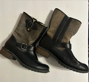 UGG Black Leather & Taupe Suede Mid-Calf Buckle Boots thumbnail 1