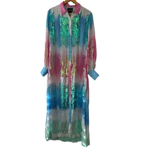 Retrofête Pastel Rainbow Sequin Dessa Maxi Dress‎ XS Long Sleeve Button Front thumbnail 3