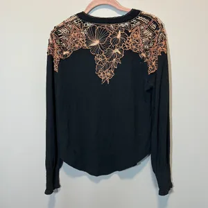 Free People Black Peach Floral Lace Embroidered Henley Long Sleeve Top Medium thumbnail 7