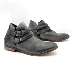 Free People Braeburn Distressed Gray Leather Ankle Boots 37 Double Buckle Strap thumbnail 6