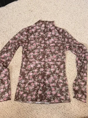 New In Floral Mesh Mock Neck Top Brown‎ Pink Rose Print M thumbnail 4