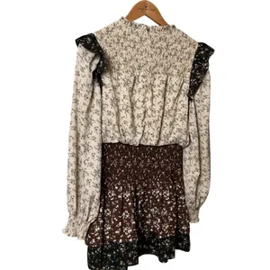 Free The Roses Floral Ruffle Mini Dress Smocked High Neck Tiered Brown Cream S‎ thumbnail 5