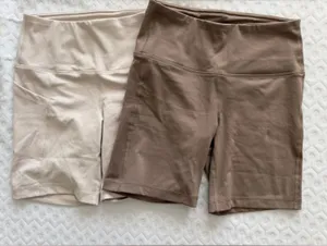 Yogalicious Lux High-Waist Biker Shorts in Taupe and Cream thumbnail 1