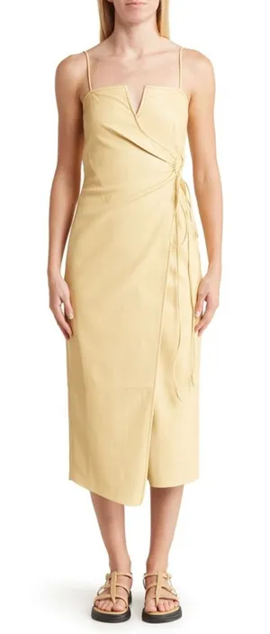 Nanushka Anubi Vegan Leather‎ Sleeveless Wrap Midi Dress Margarine NWT Size S thumbnail 1