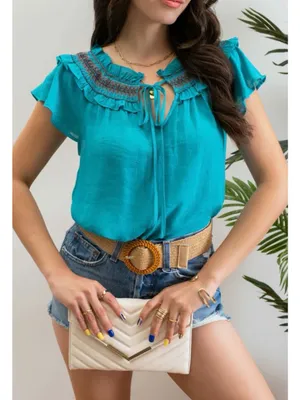 Blu Pepper Teal Ruffle Yoke Tie-Neck Women's Top thumbnail 2