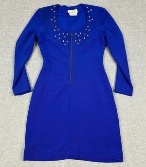 Ann Hobbs Dress Womens X-Small Blue Scoop Neck Bodycon Studded Zip Long Sleeve thumbnail 1
