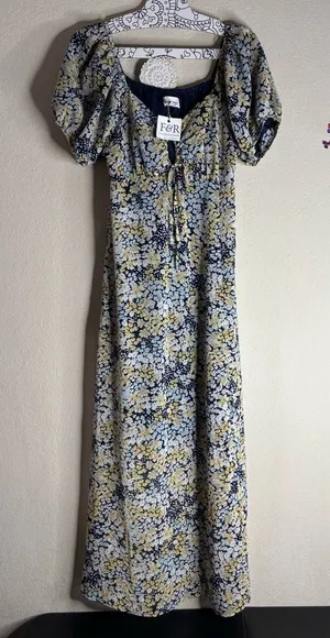 &merci Floral Midi Dress in Navy, Yellow, White thumbnail 1