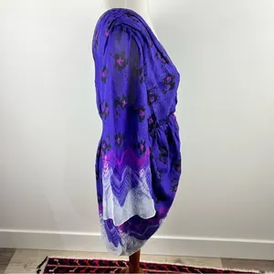 Aryn K Purple Silk Dress Size M 100% Silk Print‎ V-Neck Elastic Waist Fairycore thumbnail 12