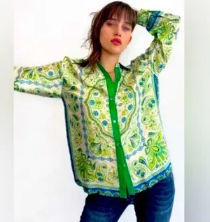 Zara Satin Printed Paisley Floral Button Up Collared Shirt Size Large like new! thumbnail 1