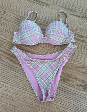 Frankie's Bikinis Pink Plaid Padded Bikini Set thumbnail 1