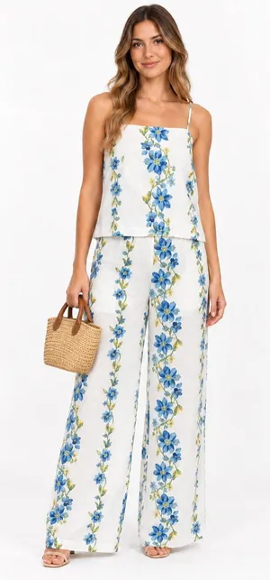 HYFVE Floral Two Piece Set Cami Top Wide Leg Pants Blue Yellow White NWT thumbnail 1
