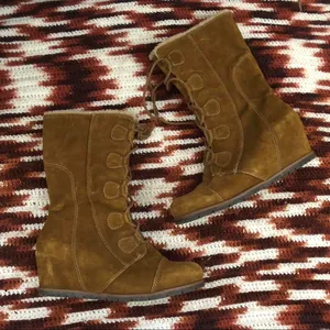 Y2K Baddie Mcbling Bratz Brown Real Leather Suede Lace up Mid Calf Boots Hidden Wedge Faux Fur Lining - Size 8M #cyber #punk #goth #trendy #2000s #acubi #lolita Measurement in pics thumbnail 1