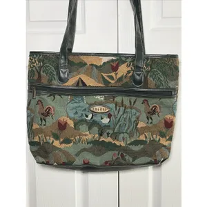 Jaguar Vintage Tapestry Tote Bag Womens OS Green Farm Scene Animal Woven Cotton thumbnail 2