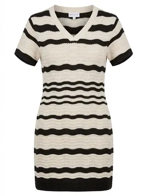 Striped V‑Neck Knit Mini Dress in Cream and Black thumbnail 1
