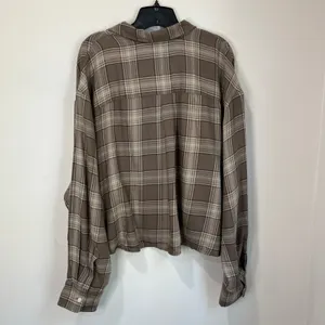 GAP Brown Plaid Cropped Flannel Button Down Shirt XXL Soft Casual‎ Fall thumbnail 3