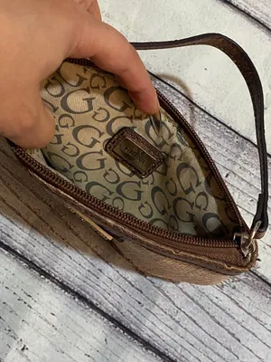 Guess Authentic Y2K Vintage Wristlet bag tan brown small Rhinestones silver logo thumbnail 2