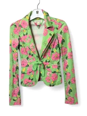 Tommy Hilfiger Y2K Green & Pink Floral Blazer W/Tie Waist Sz XS thumbnail 1