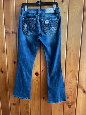 Miss Me Ladies Dark Blue Bootcut Jeans with Fading Angel wing pockets size 29 thumbnail 2
