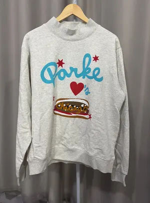 PARKE Heather Grey Mock Neck Sweatshirt Chicago Hot Dog Graphic Print L/XL thumbnail 1