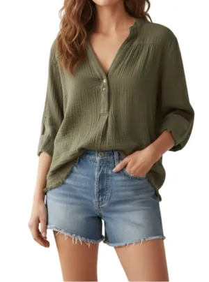 FREE PEOPLE Changing Horizons V Neck Top Sz S Olive Green Gauze Oversize Boho thumbnail 1