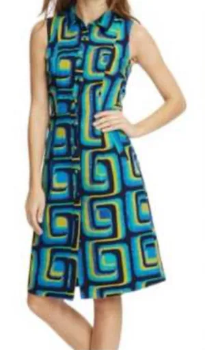 Boden Geometric Blue and‎ Green Midi Dress Size 6R thumbnail 1
