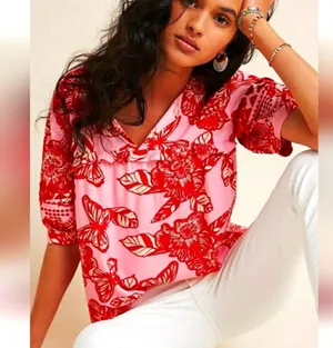 Anthropologie Vineet Bahl Womens Shirt l Pink Red Floral Embroidered Size Medium thumbnail 1